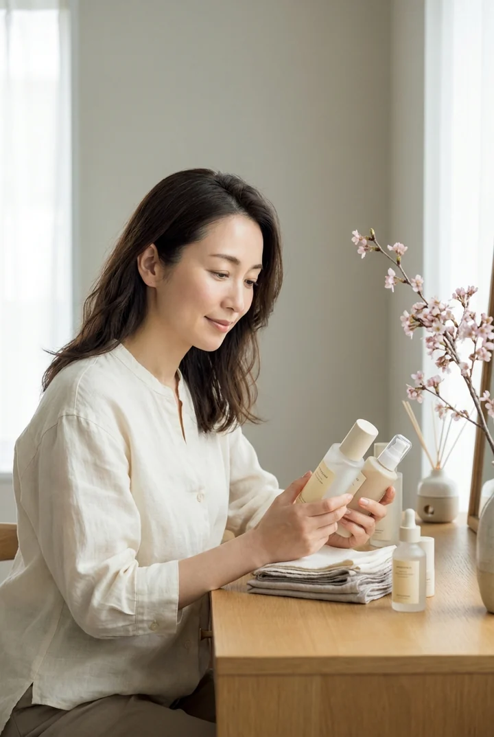 スキンケアアイテムを見比べる40代の女性